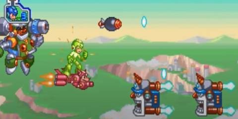 Mega Man standing on a robo dog in the air with platforms in front of him 