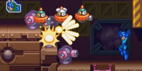 Mega Man running towards turrets 