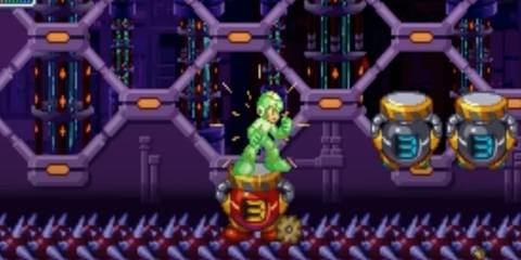Mega Man floating above spikes with two platforms in front of him 