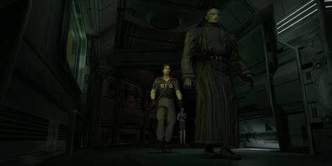 Character in RPD uniform approaching Tyrant with a stick 