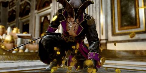 Majima kneeling down with coins around him 