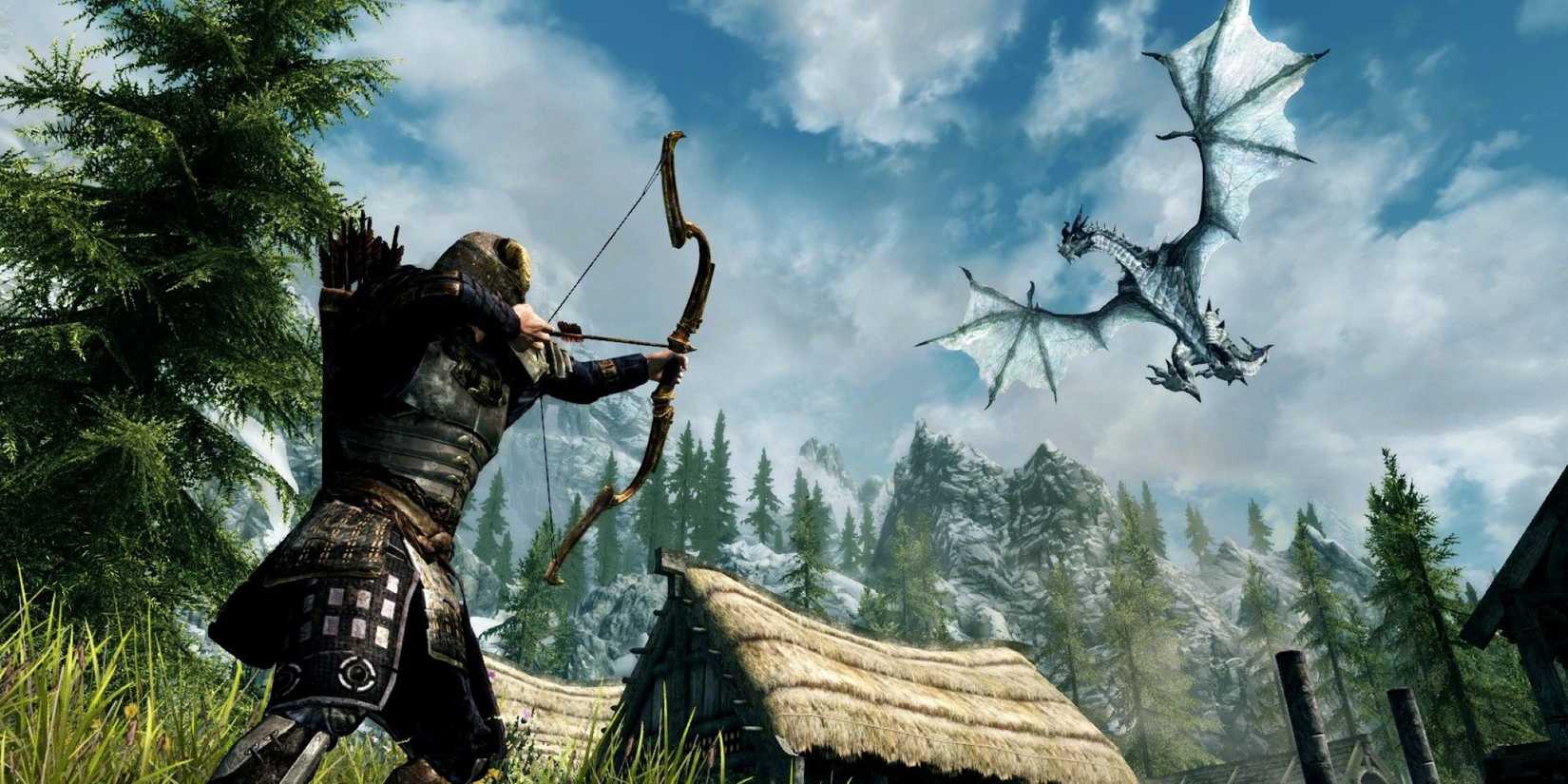 Skyrim Player aiming bow at landing dragon