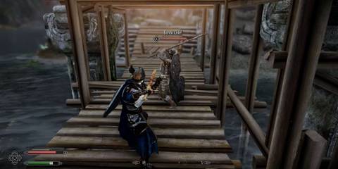 Player fighting bandit chief on bridge