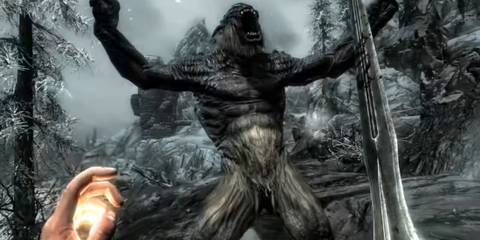 Frost troll roaring in front of player in Skyrim