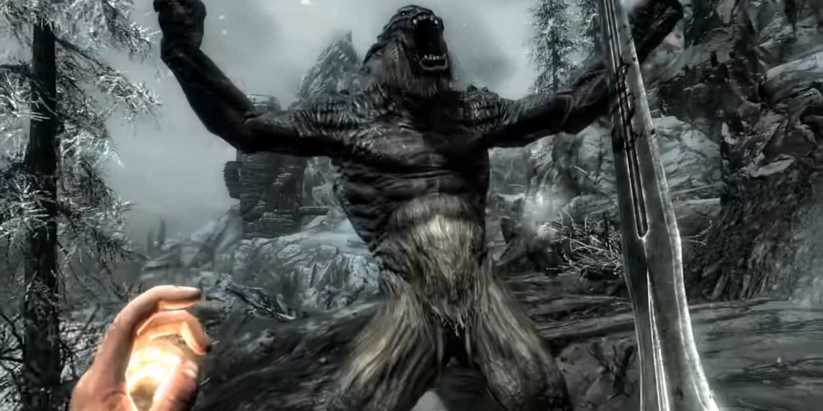 Frost troll roaring in front of player in Skyrim