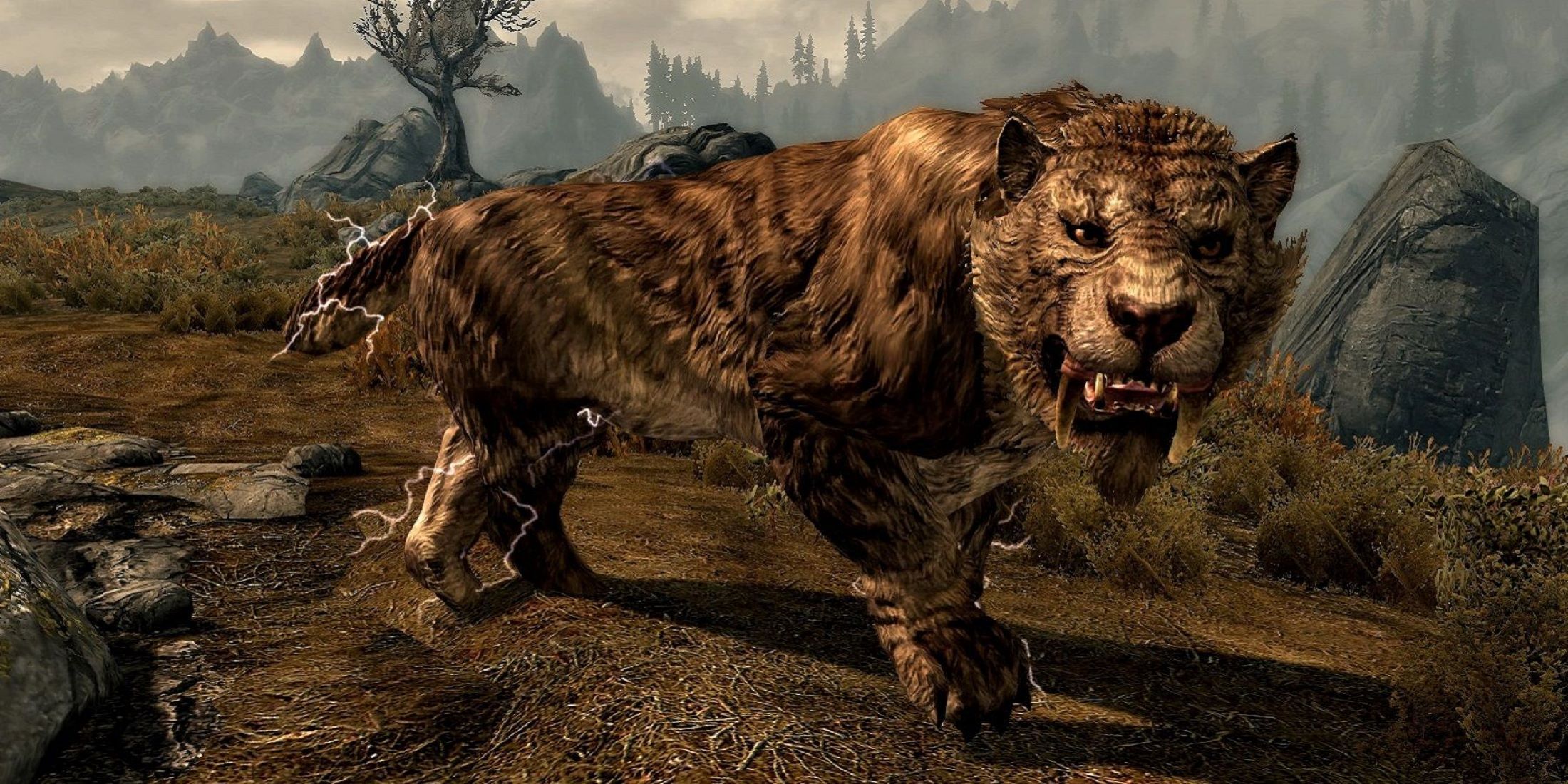 Sabre cat with teeth bared in plains