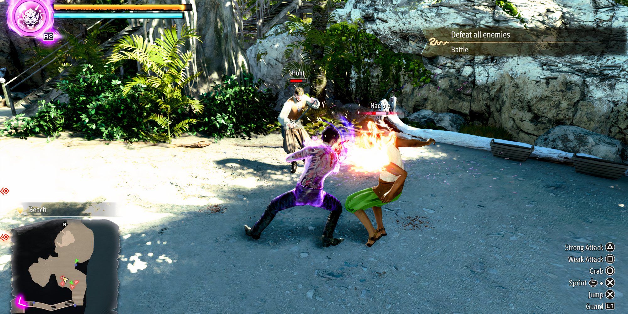 Slashing enemies on the beach in Like a Dragon Pirate Yakuza in Hawaii