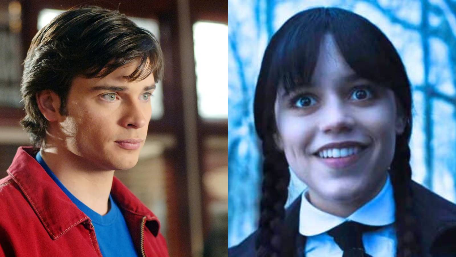 Split image of Clark Kent (Tom Welling) in Smallville and Wednesday Addams (Jenna Ortega) in Wednesday
