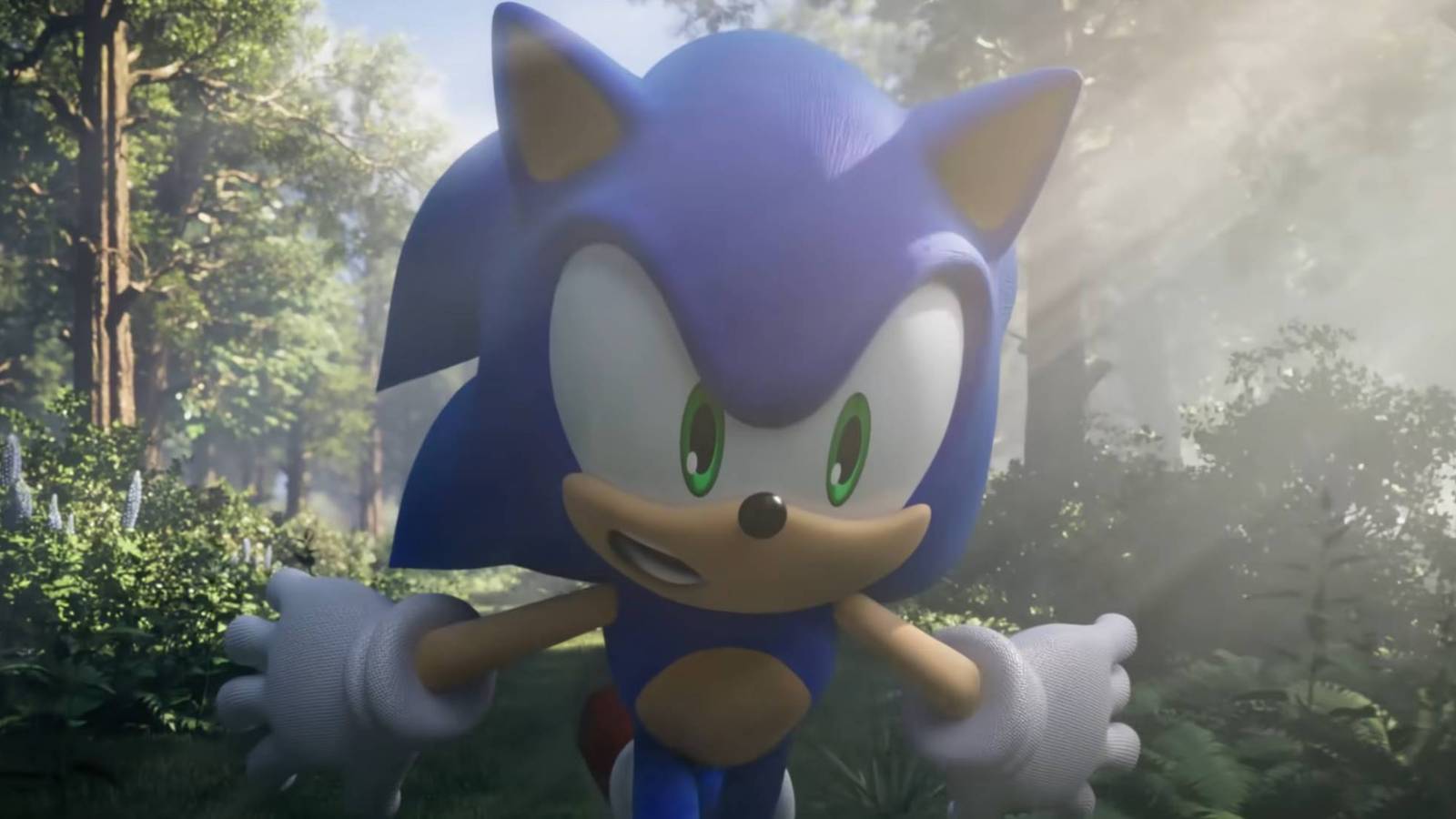 A light shines on Sonic as he's running in a trailer for Sonic Frontiers