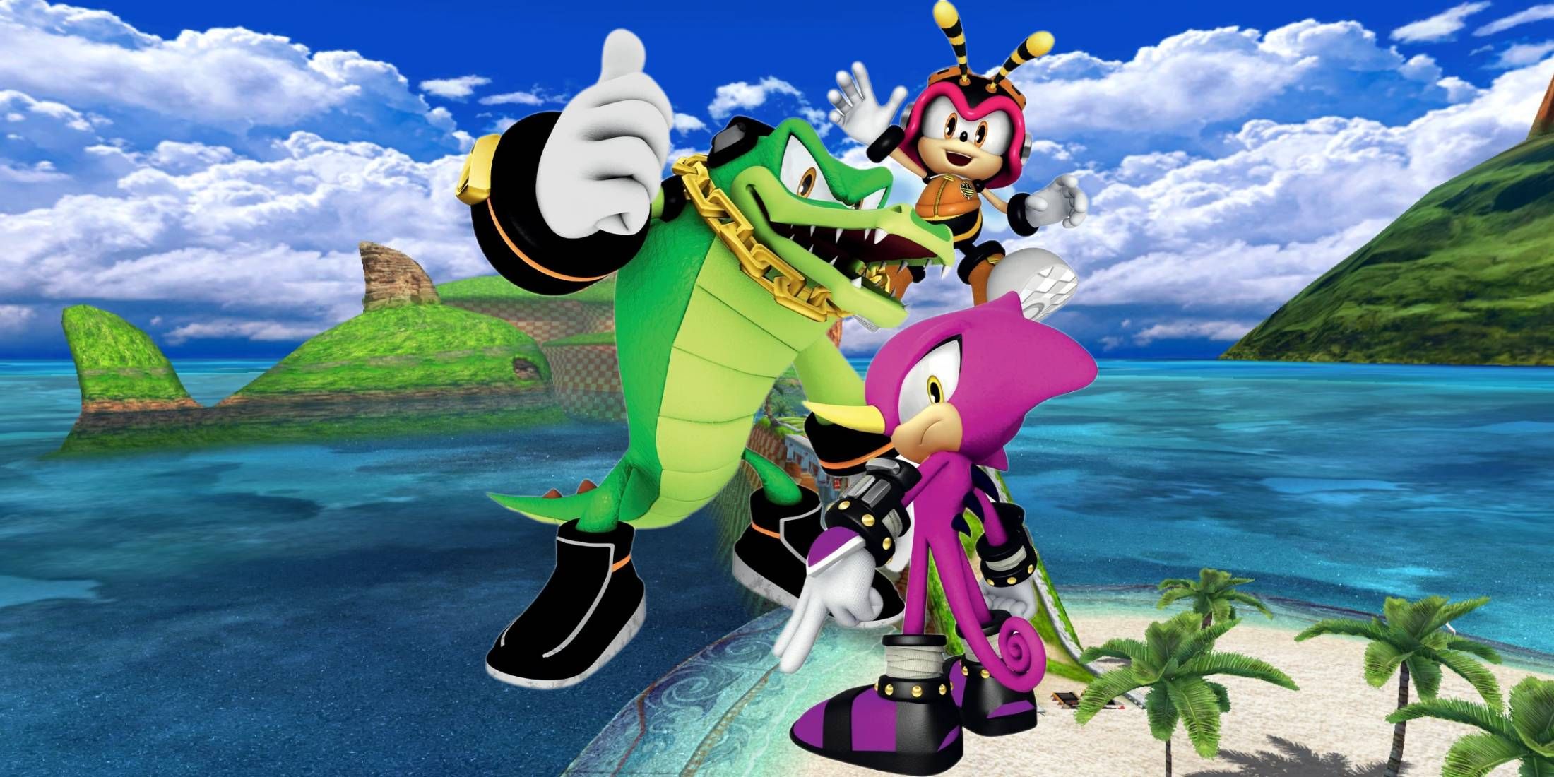 Team Chaotix over Seaside Hill from Sonic Heroes