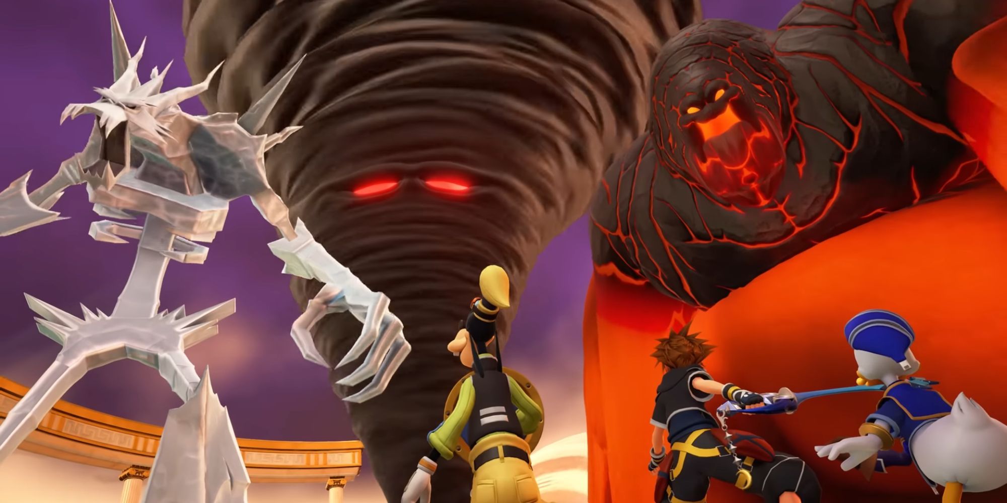 Sora, Donald and Goofy confront the Ice, Lava and Tornado Titans.