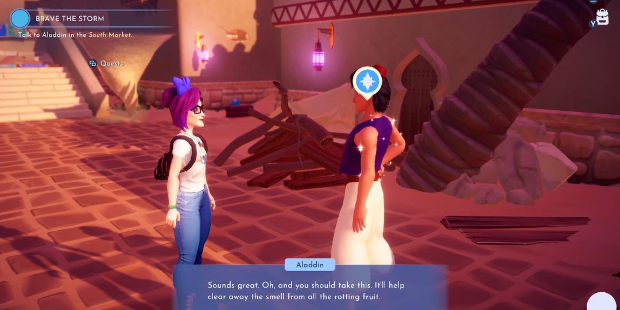 Speaking to Aladdin in the South Market in Brave the Storm Aladdin Realm quest in Disney Dreamlight Valley