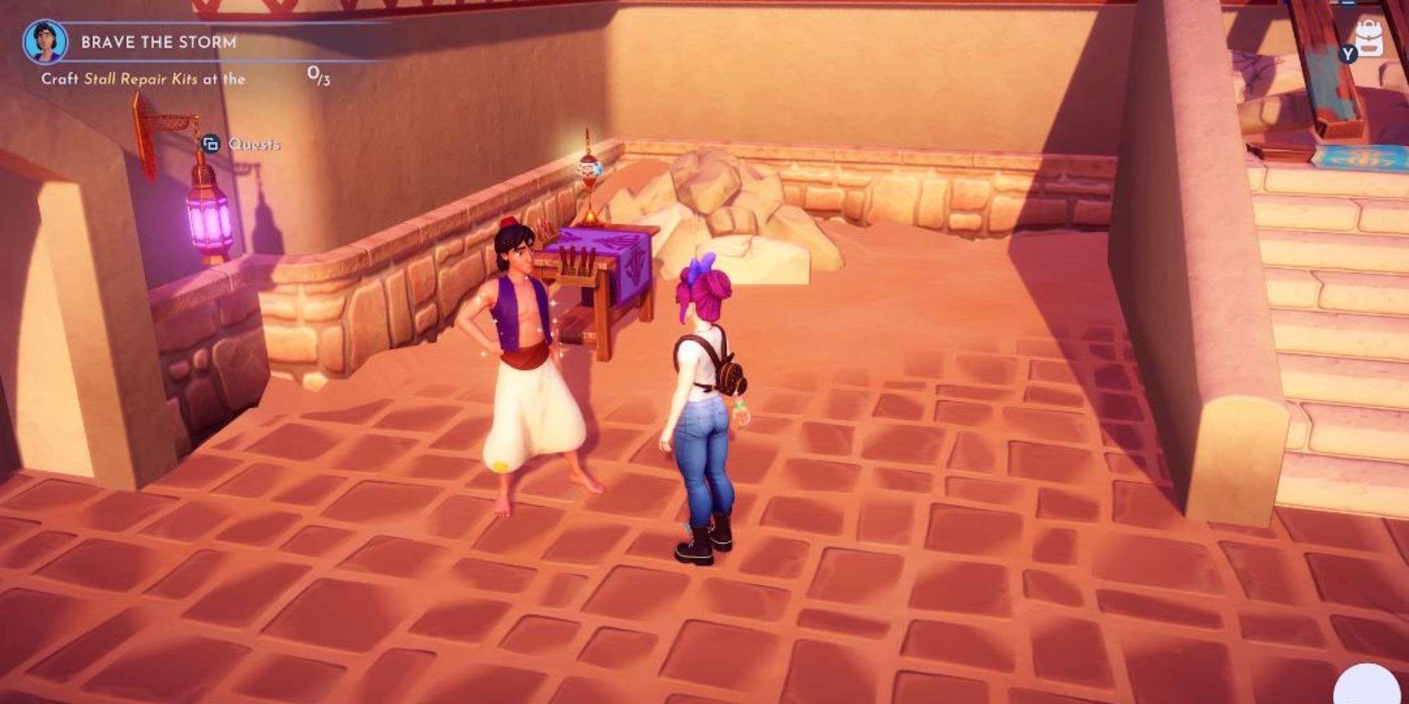 Speaking to Aladdin in the South Market in Brave the Storm Aladdin Realm quest in Disney Dreamlight Valley