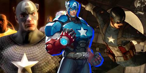 Split image of Captain America in Marvel Ultimate Alliance 2, Marvel Rivals, and Captain America Super Soldier