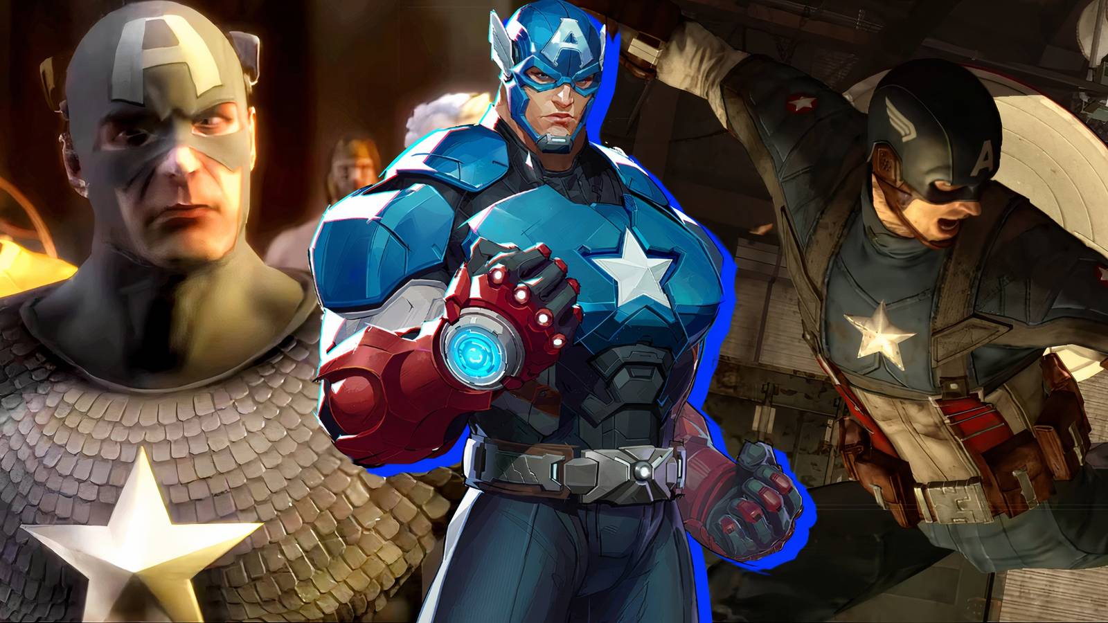 Split image of Captain America in Marvel Ultimate Alliance 2, Marvel Rivals, and Captain America Super Soldier