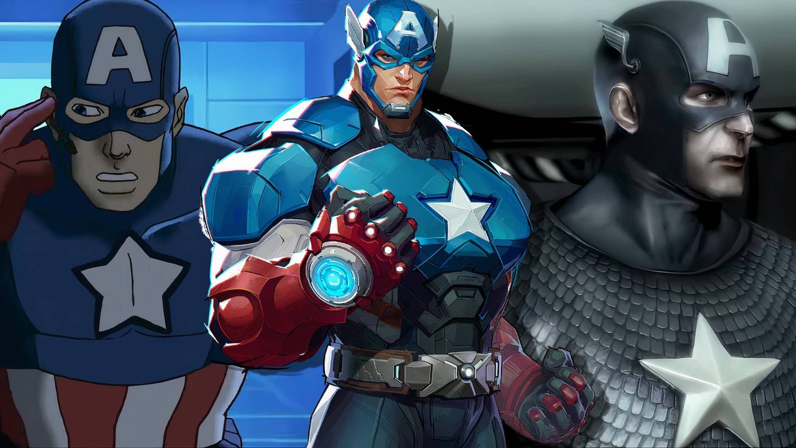 Split image of Captain America in Ultimate Avengers, Marvel Rivals, and Ultimate Alliance 2
