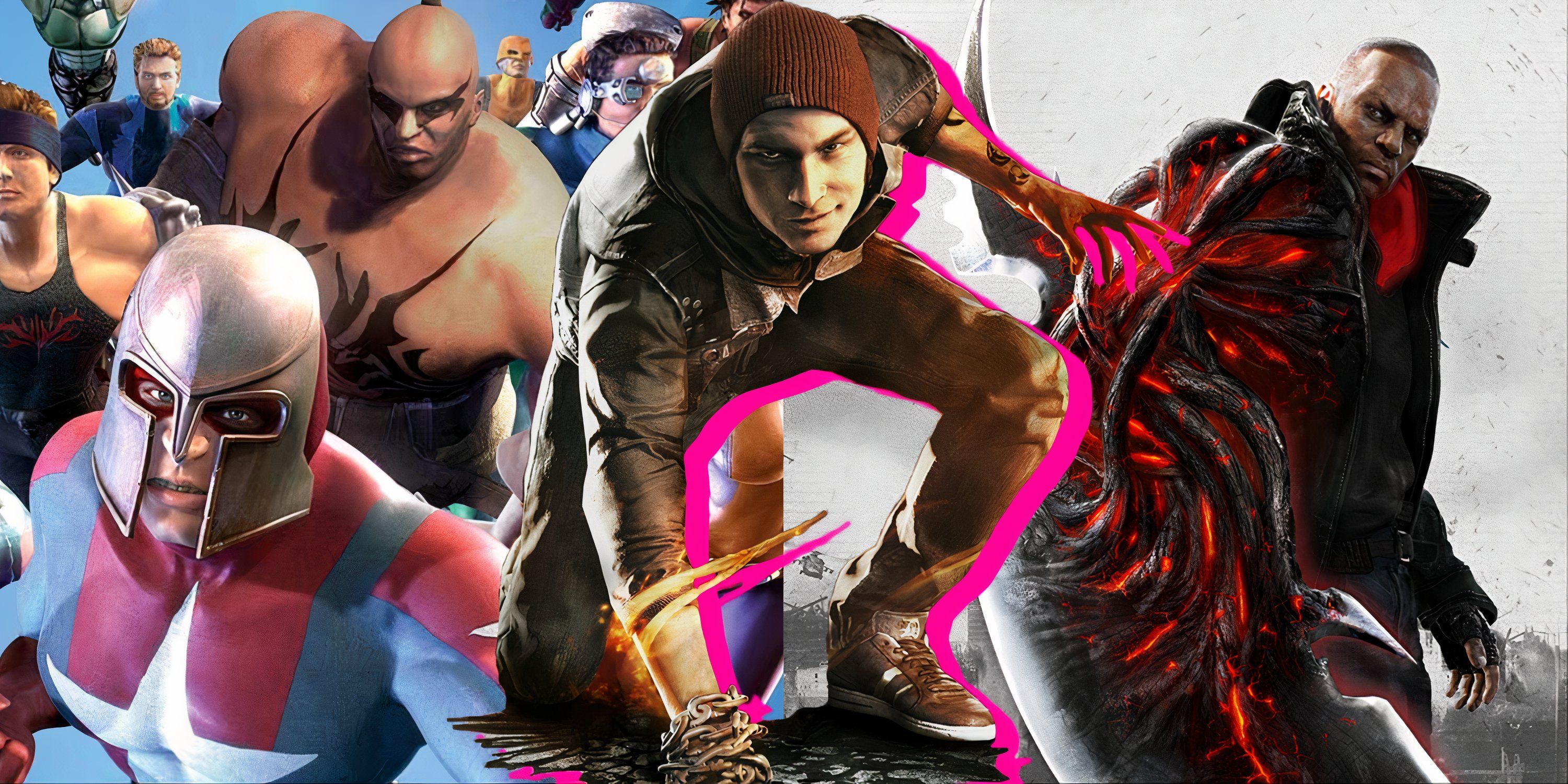 Split image of City Of Heroes, Infamous Second Son, and Prototype 2