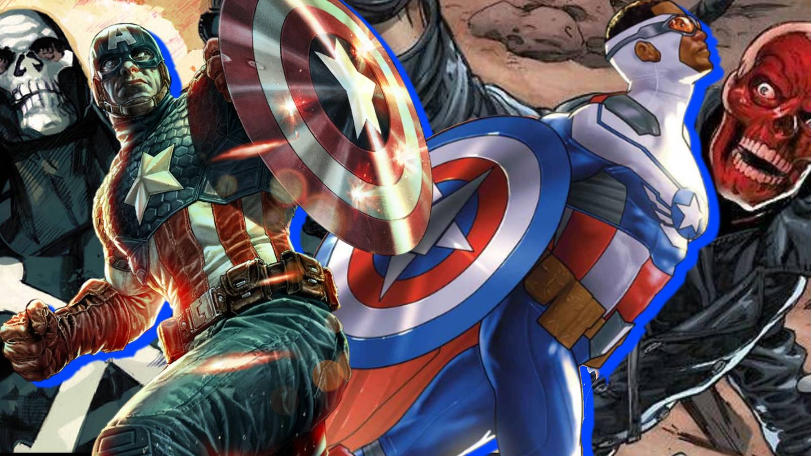Split image of Crossbones, Steve Rogers, Sam Wilson, and Red Skull in Marvel Comics