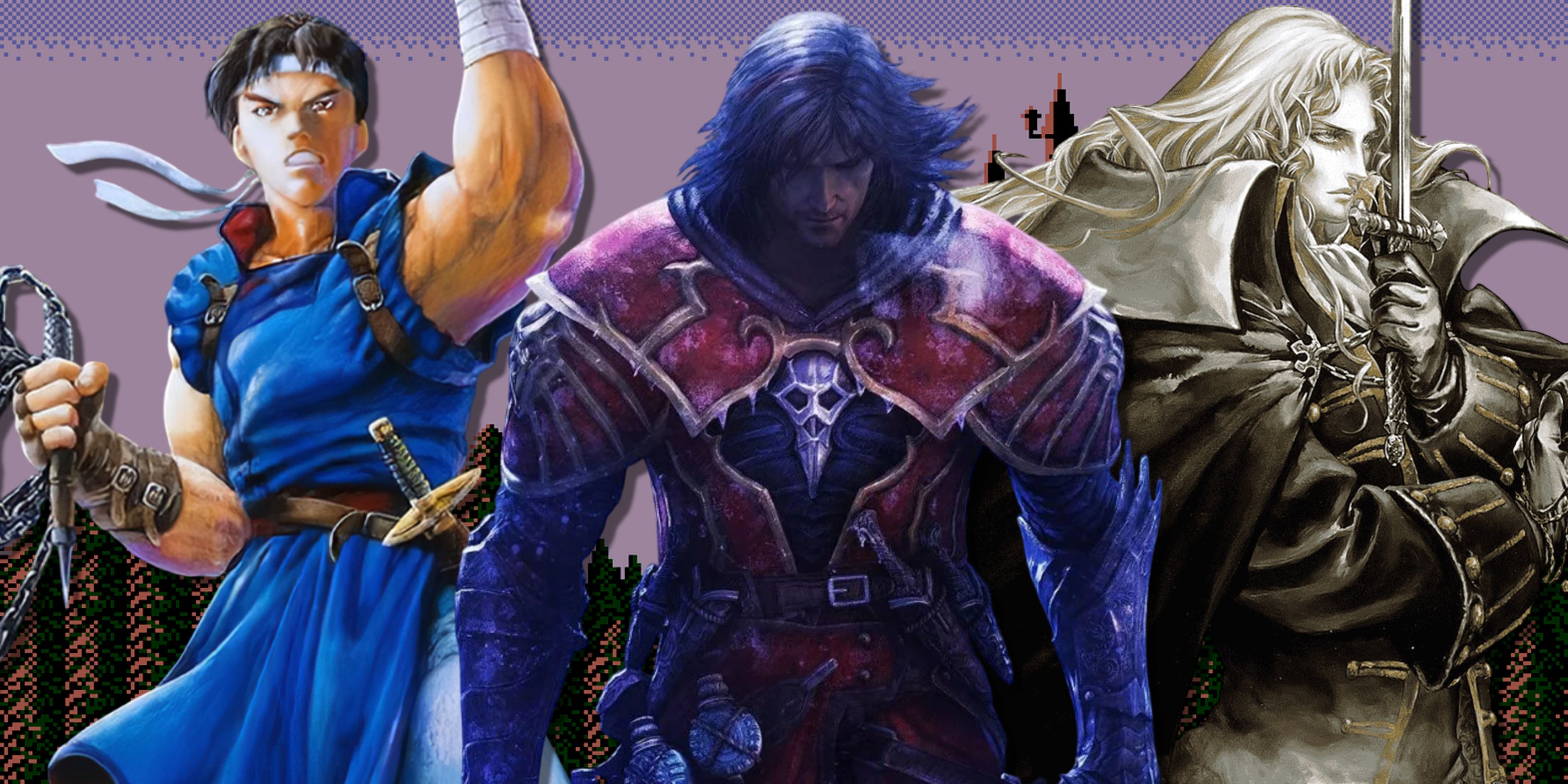 Split image of Gabriel Belmont, Richter Belmont, and Alucard in the Castlevania franchise