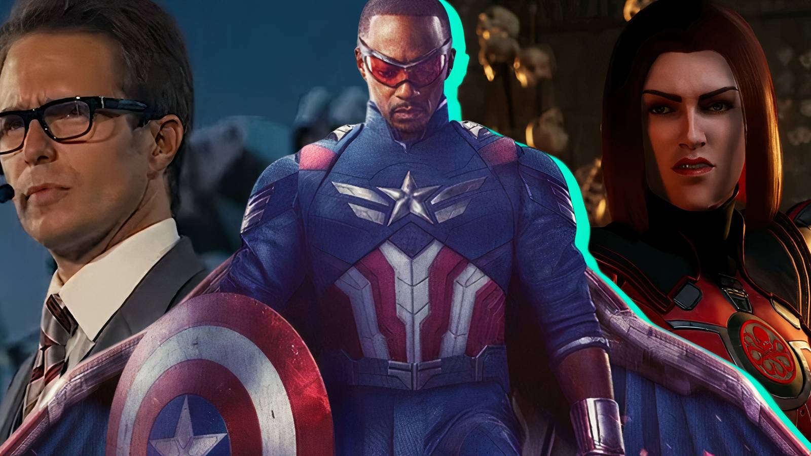 Split image of Justin Hammer from Iron Man 2, Captain America in Captain America Brave New World, and Sin in Marvel's Midnight Suns