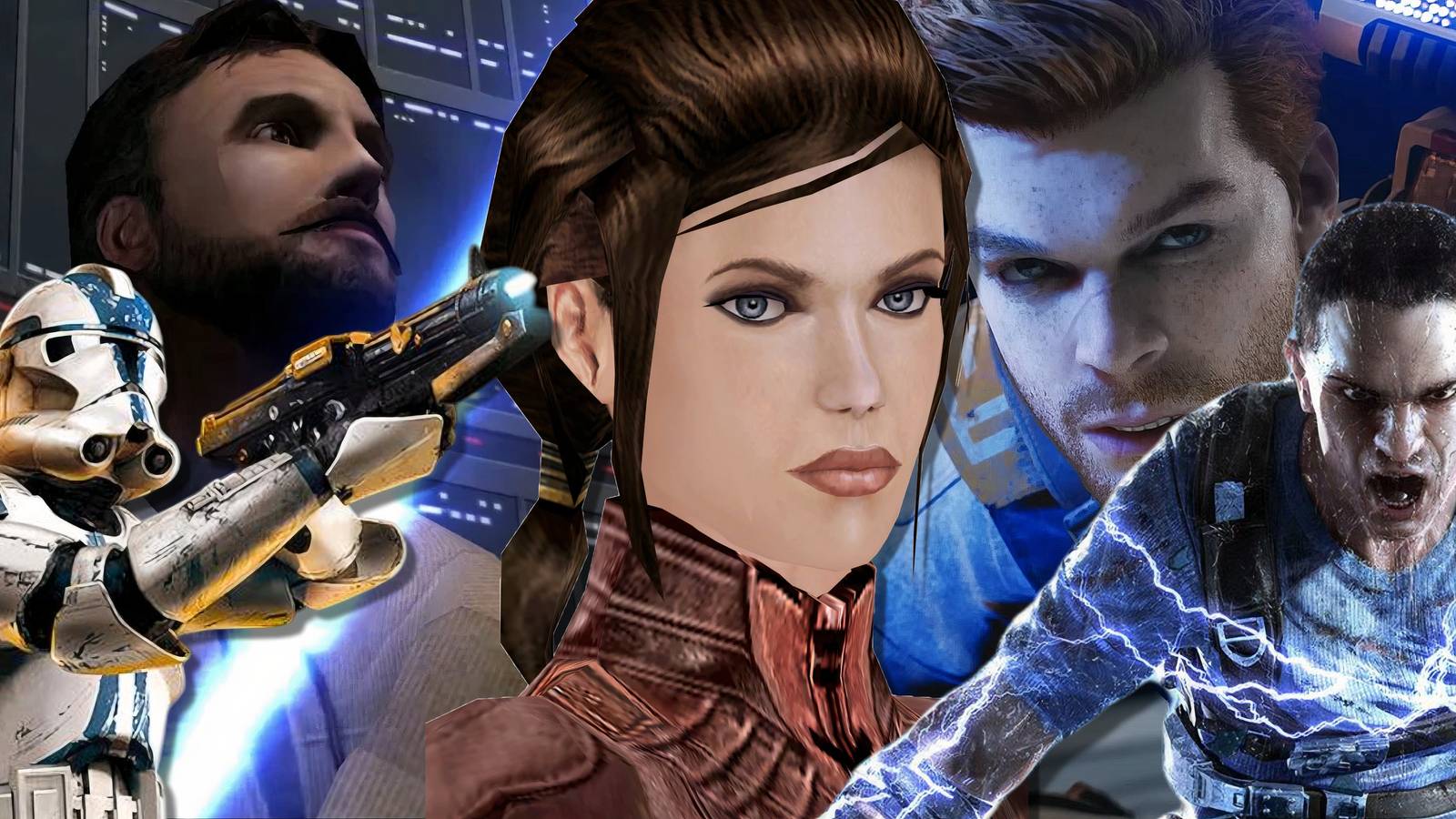 Split image of Kyle Katarn, Cal Kestis, Bastilla Shan, Starkiller, and a clone trooper in various Star Wars games