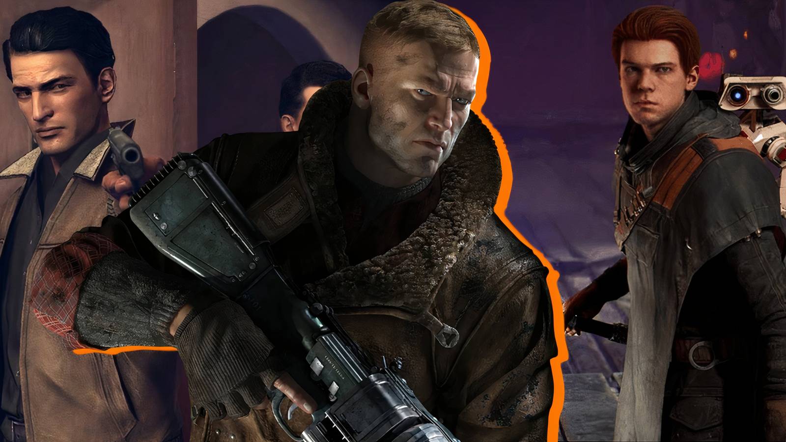 Split image of Mafia 2, Wolfenstein The New Order, and Star Wars Jedi Fallen Order