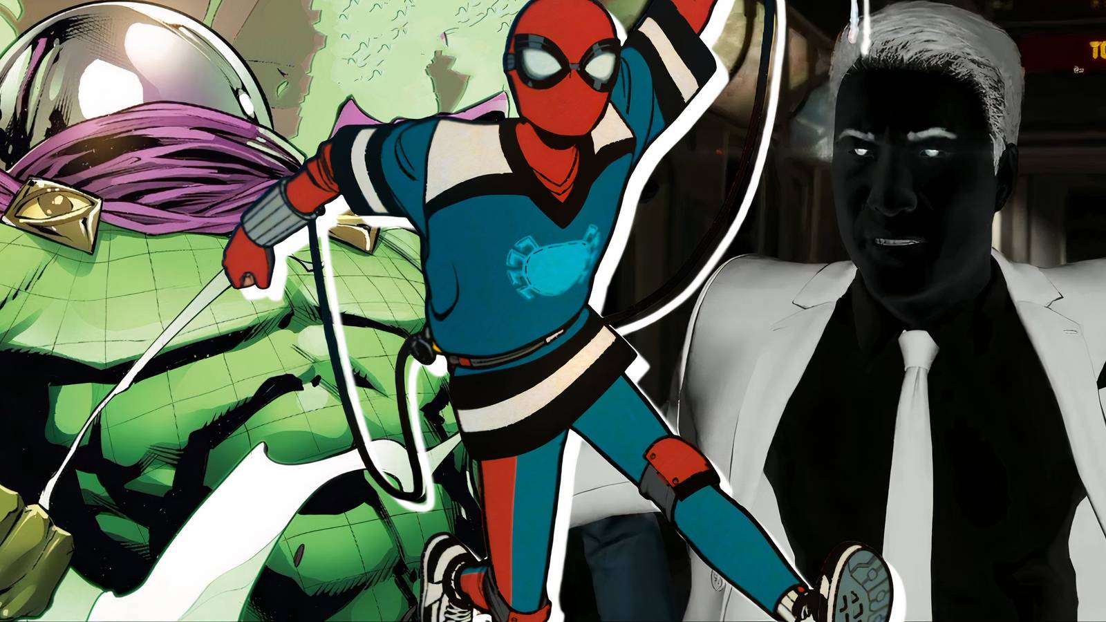 Split image of Mysterio, Mister Negative, and Spider-Man