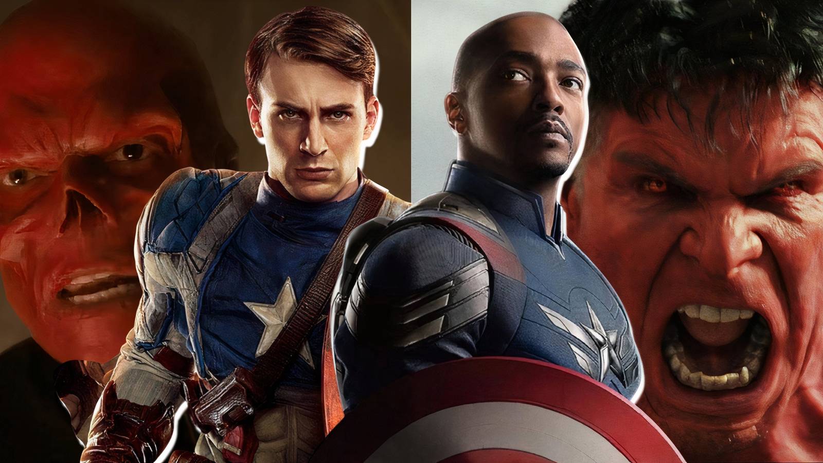Split image of Red Skull, Steve Rogers, Sam Wilson, and Red Hulk in various MCU movies.