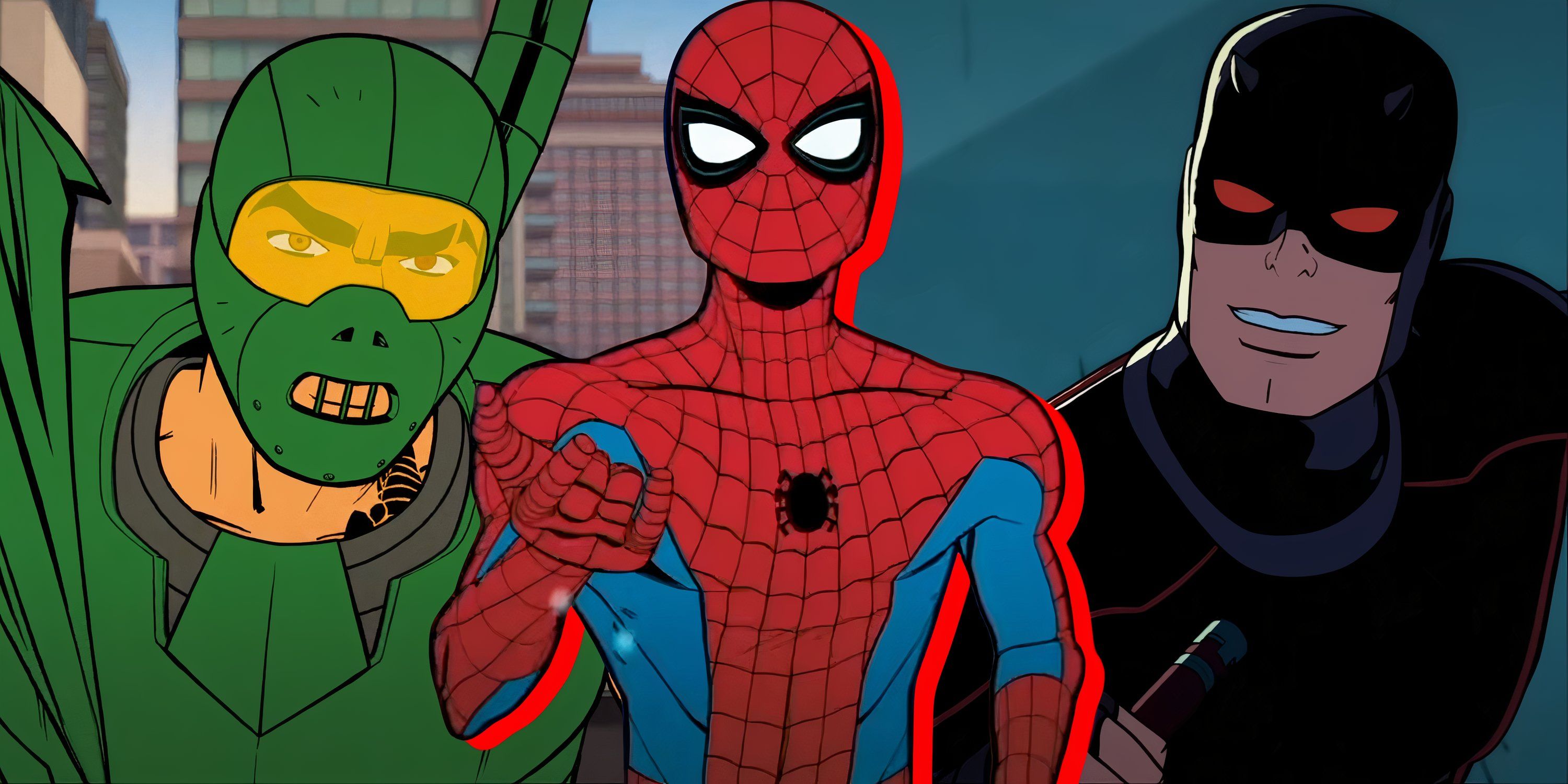 Split image of Scorpion, Spider-Man, and Daredevil in Your Friendly Neighborhood Spider-Man