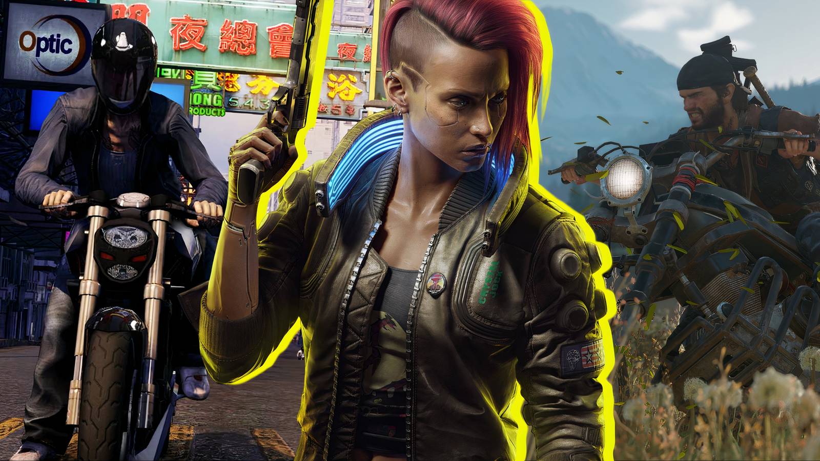Split image of Sleeping Dogs, Cyberpunk 2077, and Days Gone