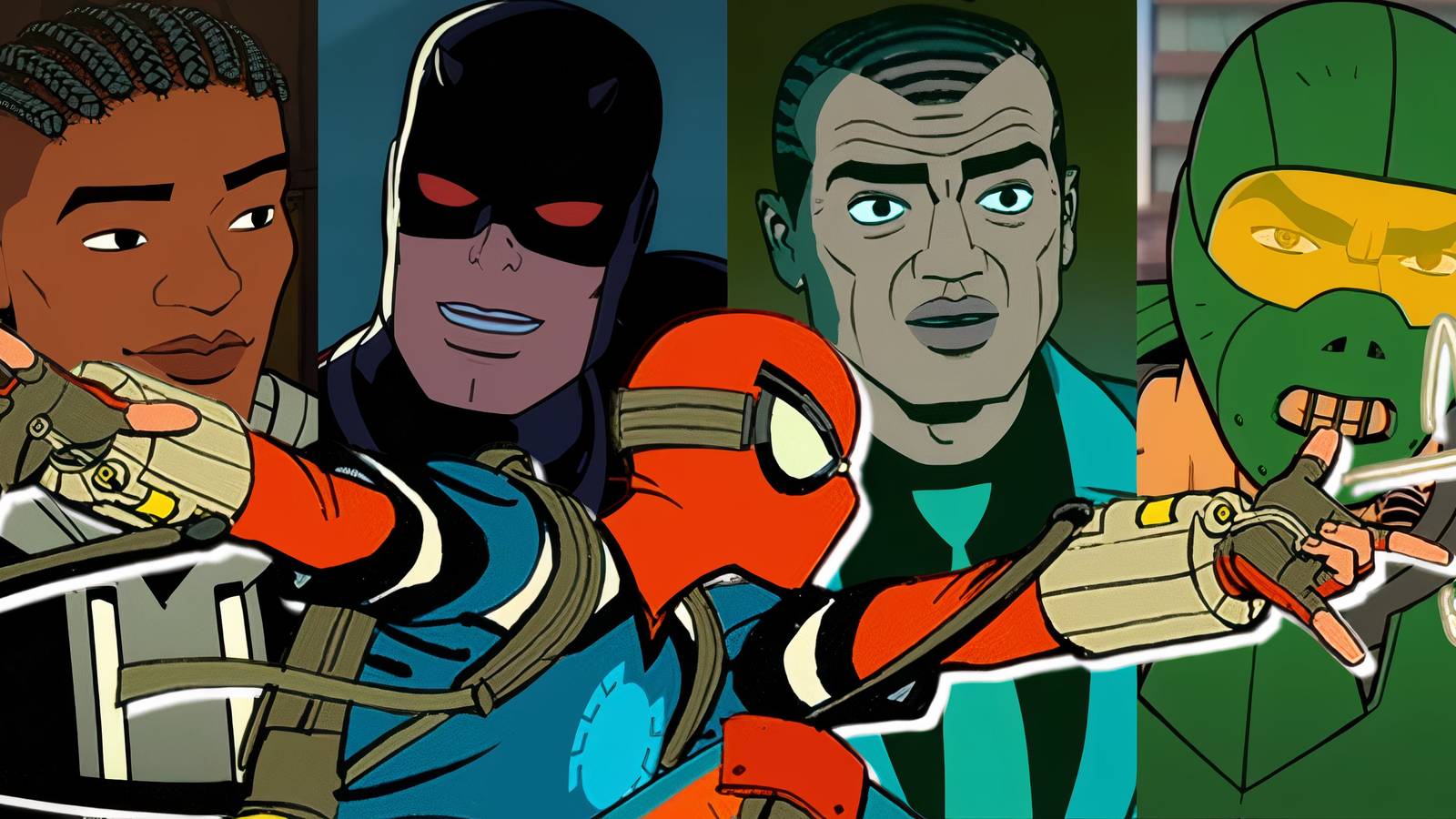 Split image of Spider-Man, Lonnie Lincoln, Daredevil, Norman Osborn, and Scorpion in Your Friendly Neighborhood Spider-Man