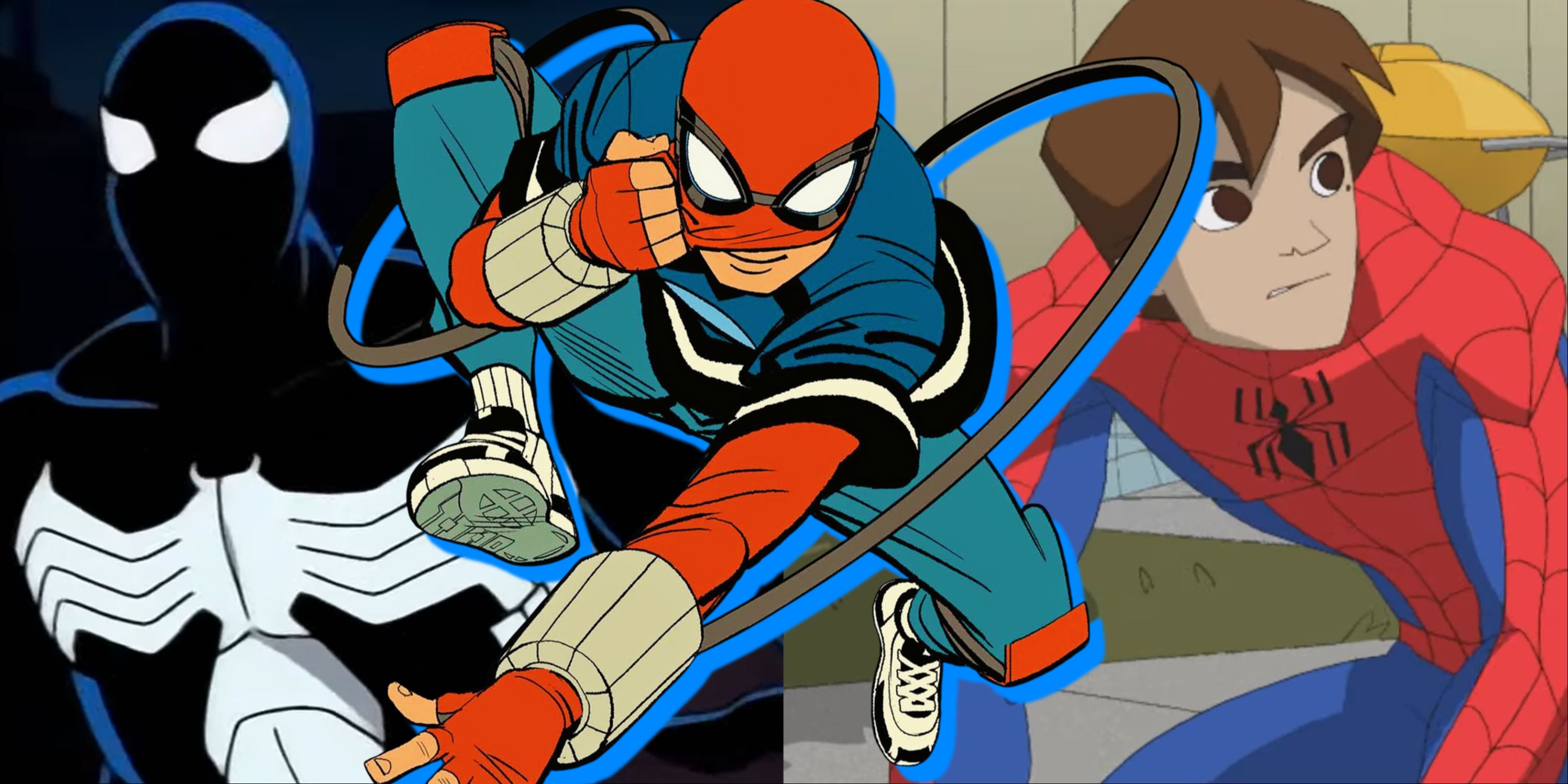 Split image of Spider-Man The Animated Series, Spectacular Spider-Man, and Your Friendly Neighborhood Spider-Man