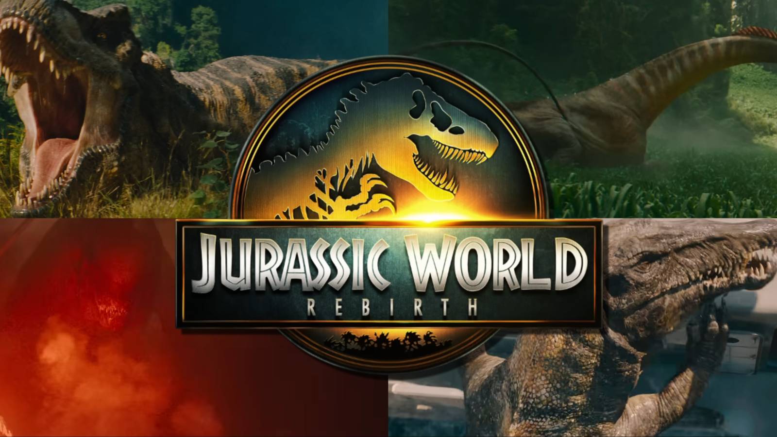 Split image of T-Rex, Titanosaurus, D-Rex, and Spinosaurus in Jurassic World Rebirth