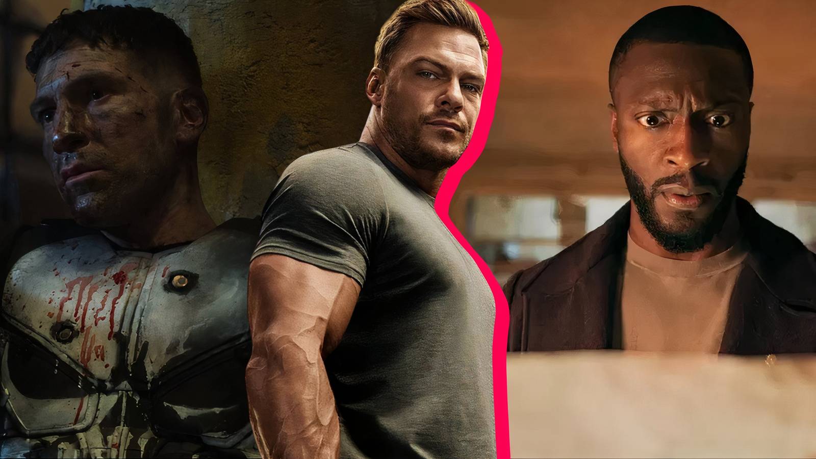 Split image of The Punisher, Reacher, and Cross