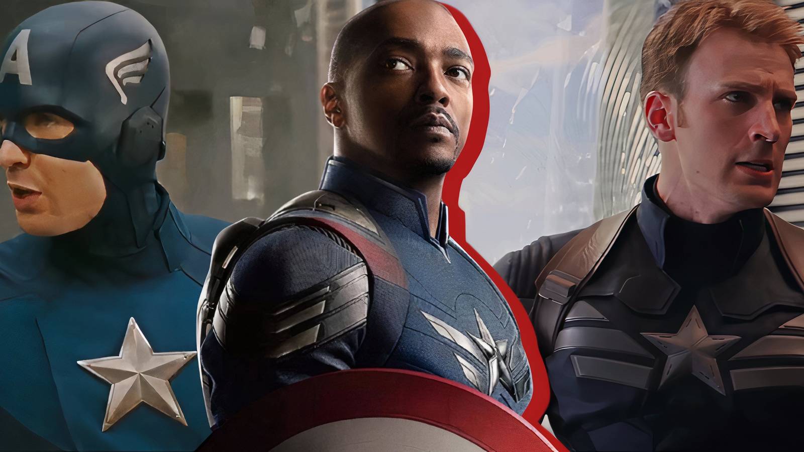 Split image of various Captain America costumes in the Marvel Cinematic Universe