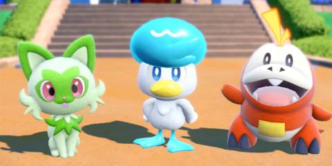 Sprigatito, Quaxly and Fuecoco in Pokemon Scarlet and Violet.