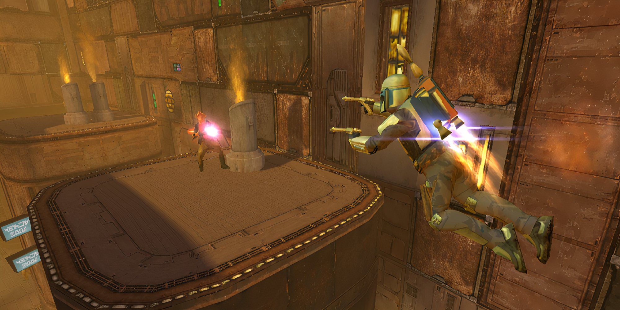 Jango Fett flying and shooting in Star Wars: Bounty Hunter