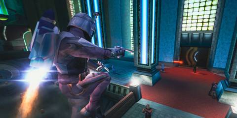 Jango Fett flying and shooting in Star Wars: Bounty Hunter
