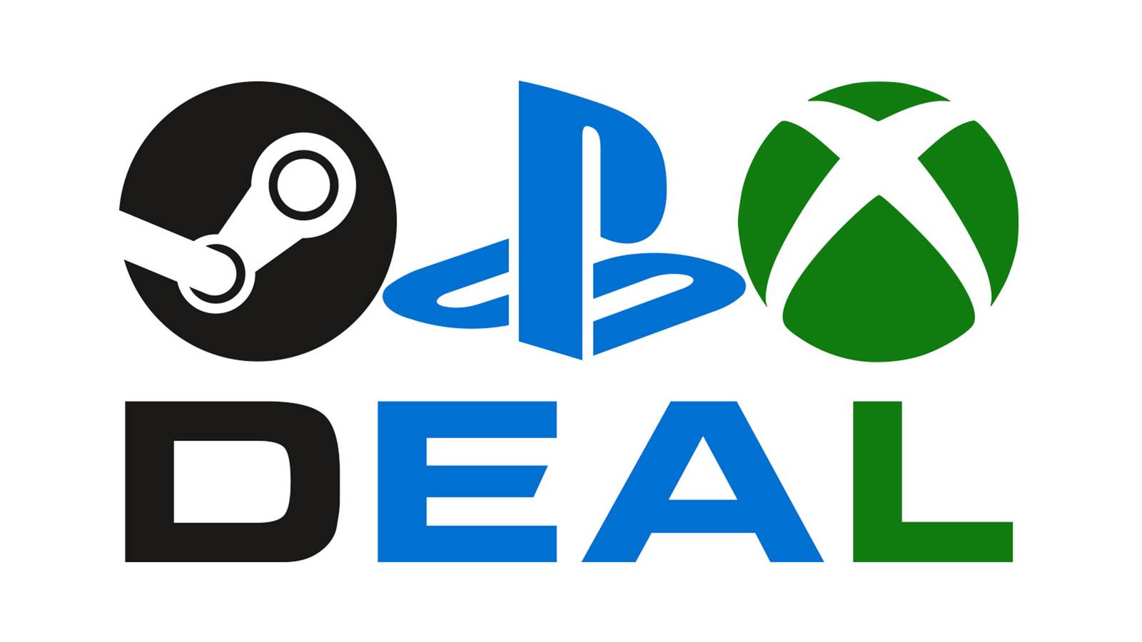Steam PlayStation Xbox logo submarks above all-caps DEAL tagline on white background 2x1 composite