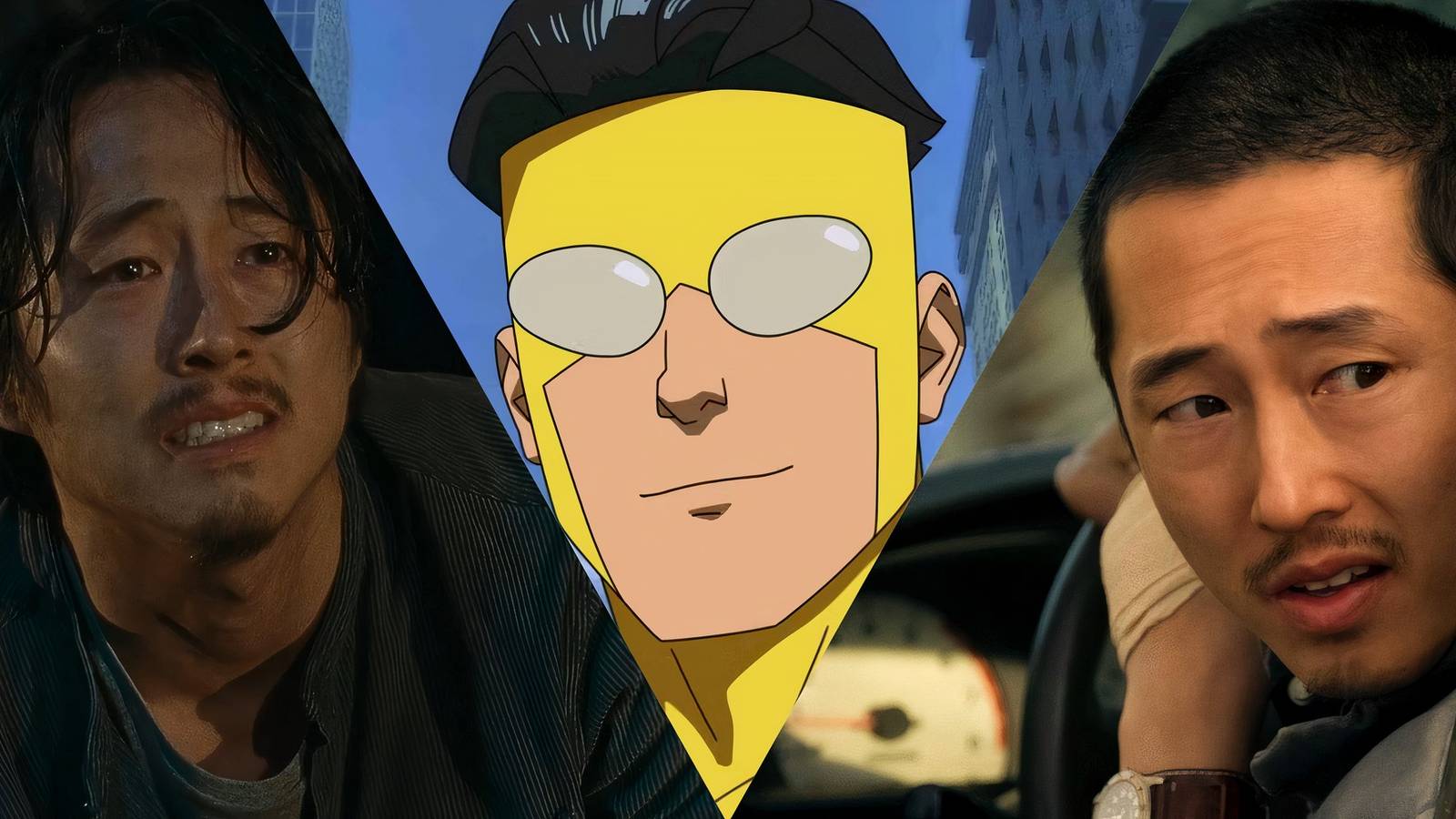 Steven Yeun as Glenn in TWD, Mark Grayson in Invincible, and Danny Cho in Netflix's Beef