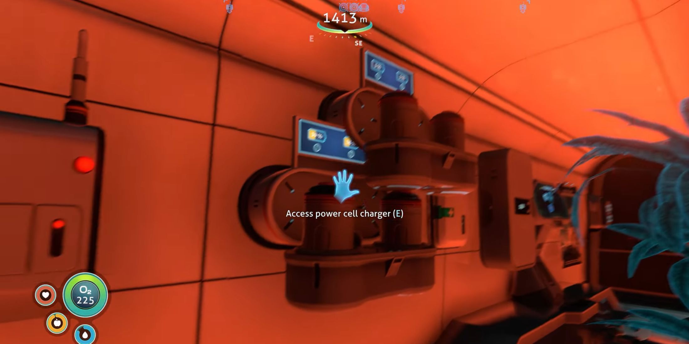 The player accessing a power cell charger in Subnautica