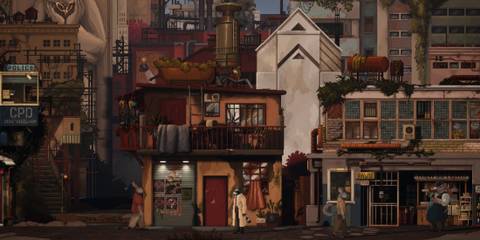 Tails Noir Howard in a rundown neighborhood