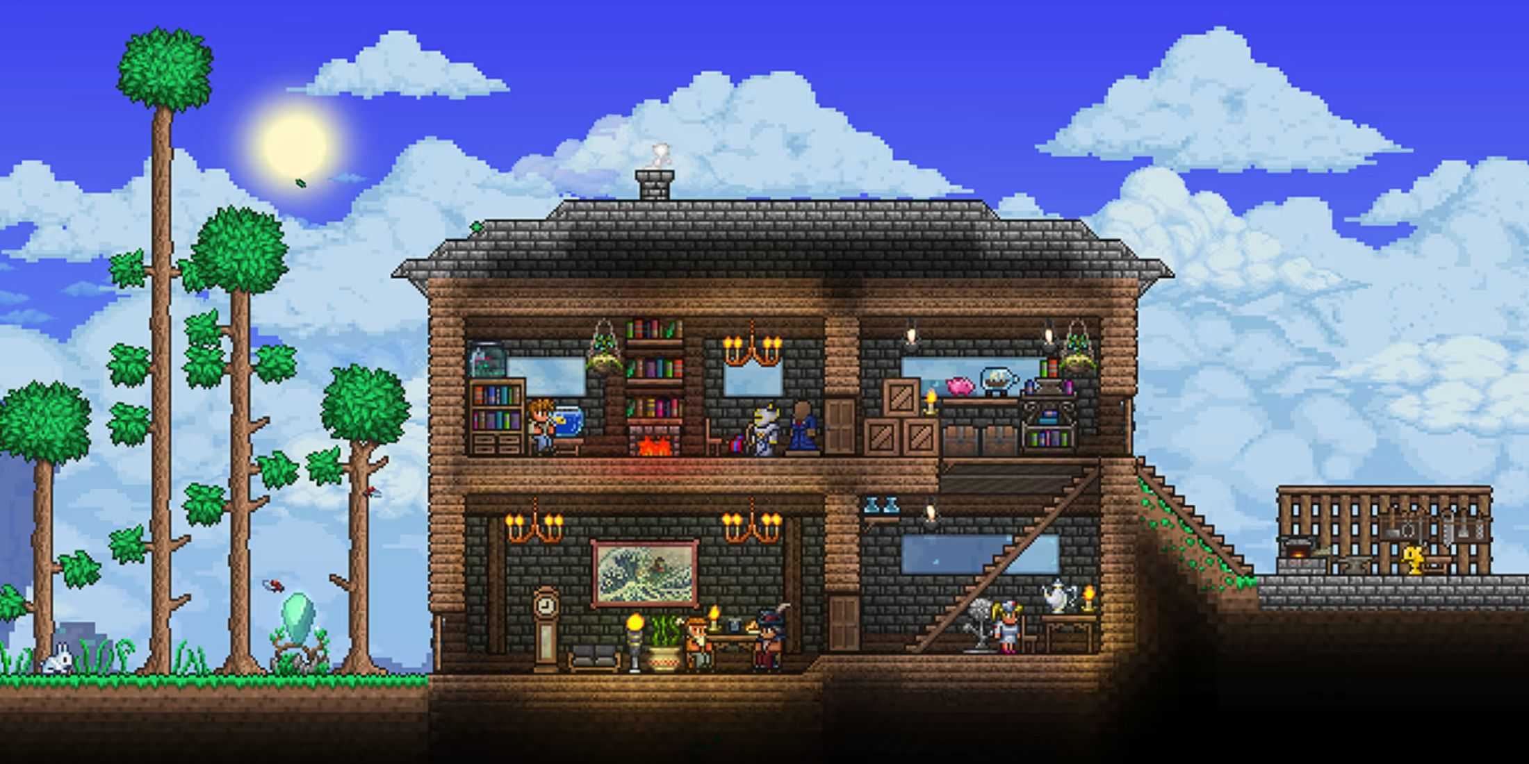 Terraria house with NPCs, menggambarkan aspek membangun dan interaksi game