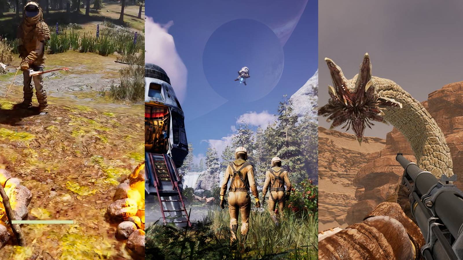 cooking at campfire site, exploration and fighting in ICARUS