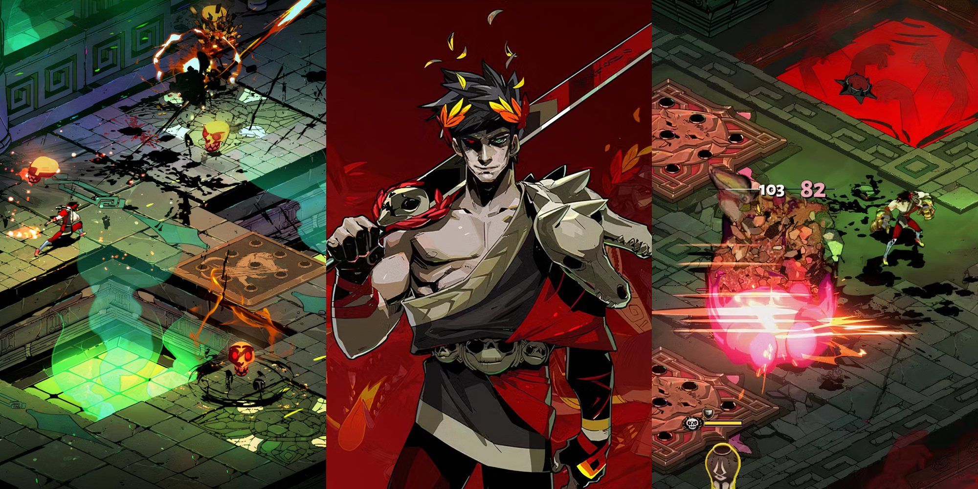 Screenshots from Hades gameplay and cover picture of Zagreus