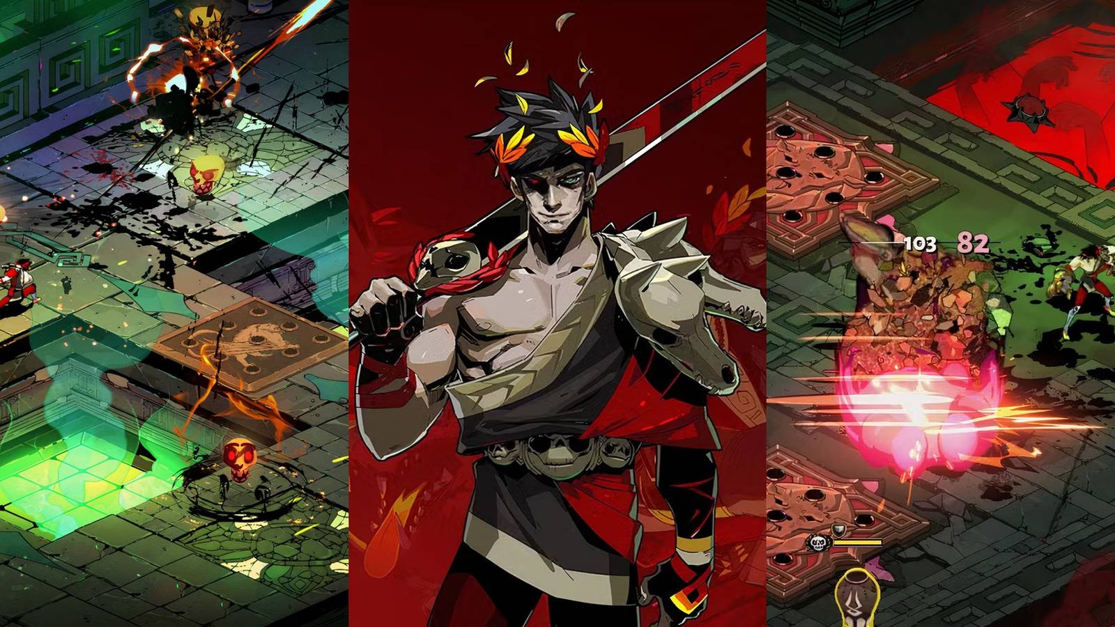 Screenshots from Hades gameplay and cover picture of Zagreus
