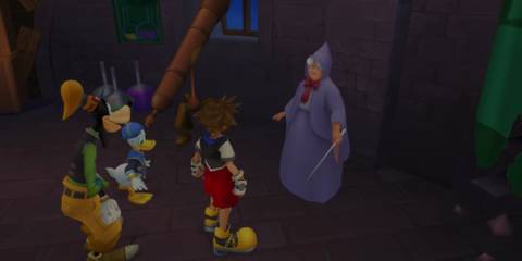 The Fairy Godmother helps Sora restore a Summon Gem.