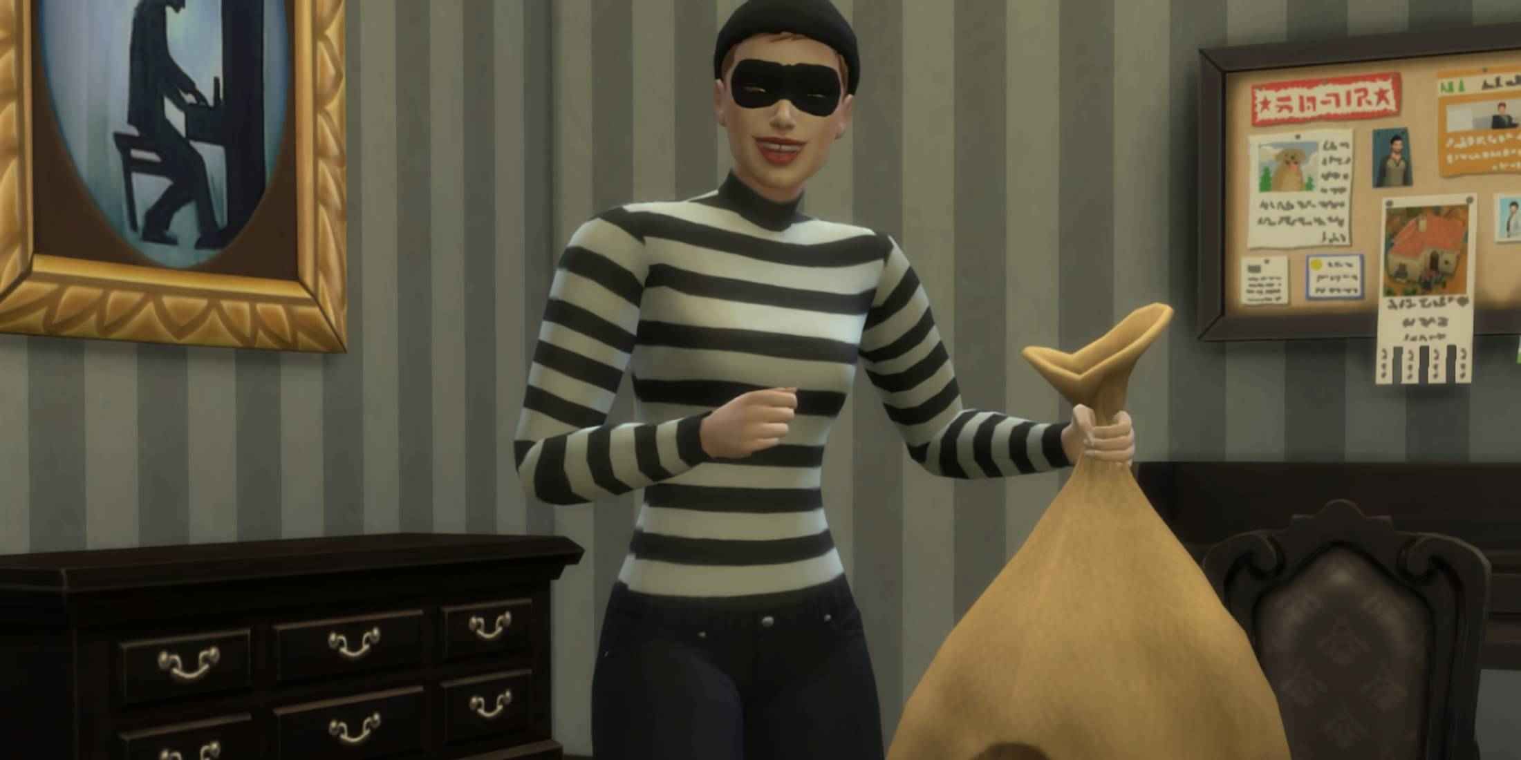 A screenshot from The Sims 4's Burglar update.