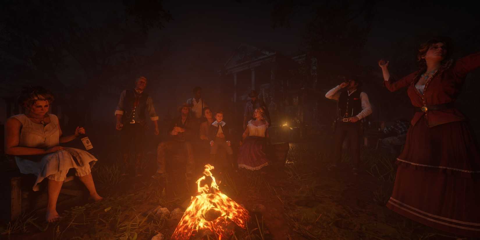 the van der linde gang around a campfire