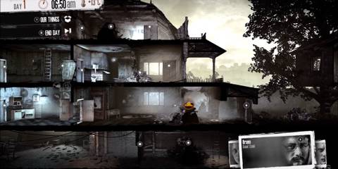 The player clearing debris with a character in This War of Mine